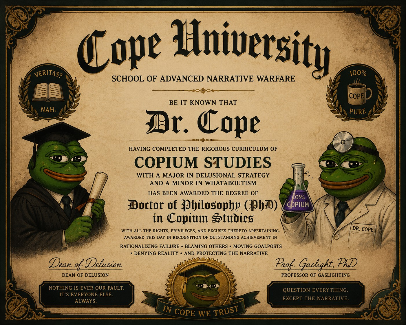Cope University certificate awarding Dr. Cope a doctorate in Copium Studies.