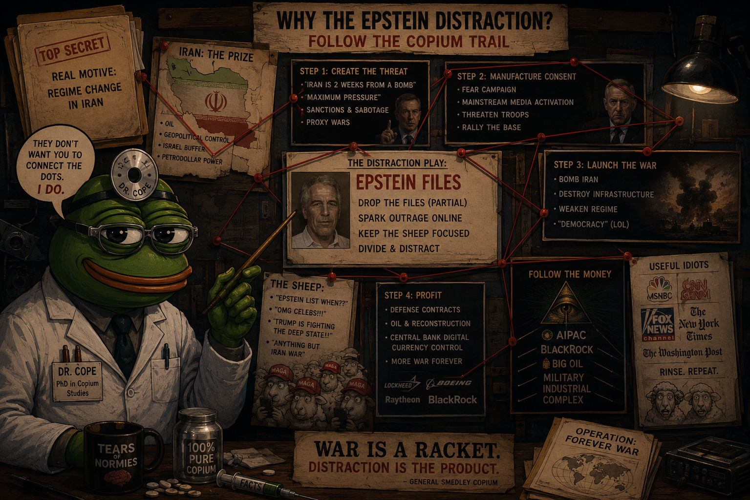 Satirical Dr. Cope red-string conspiracy board cartoon about narrative distraction and copium.