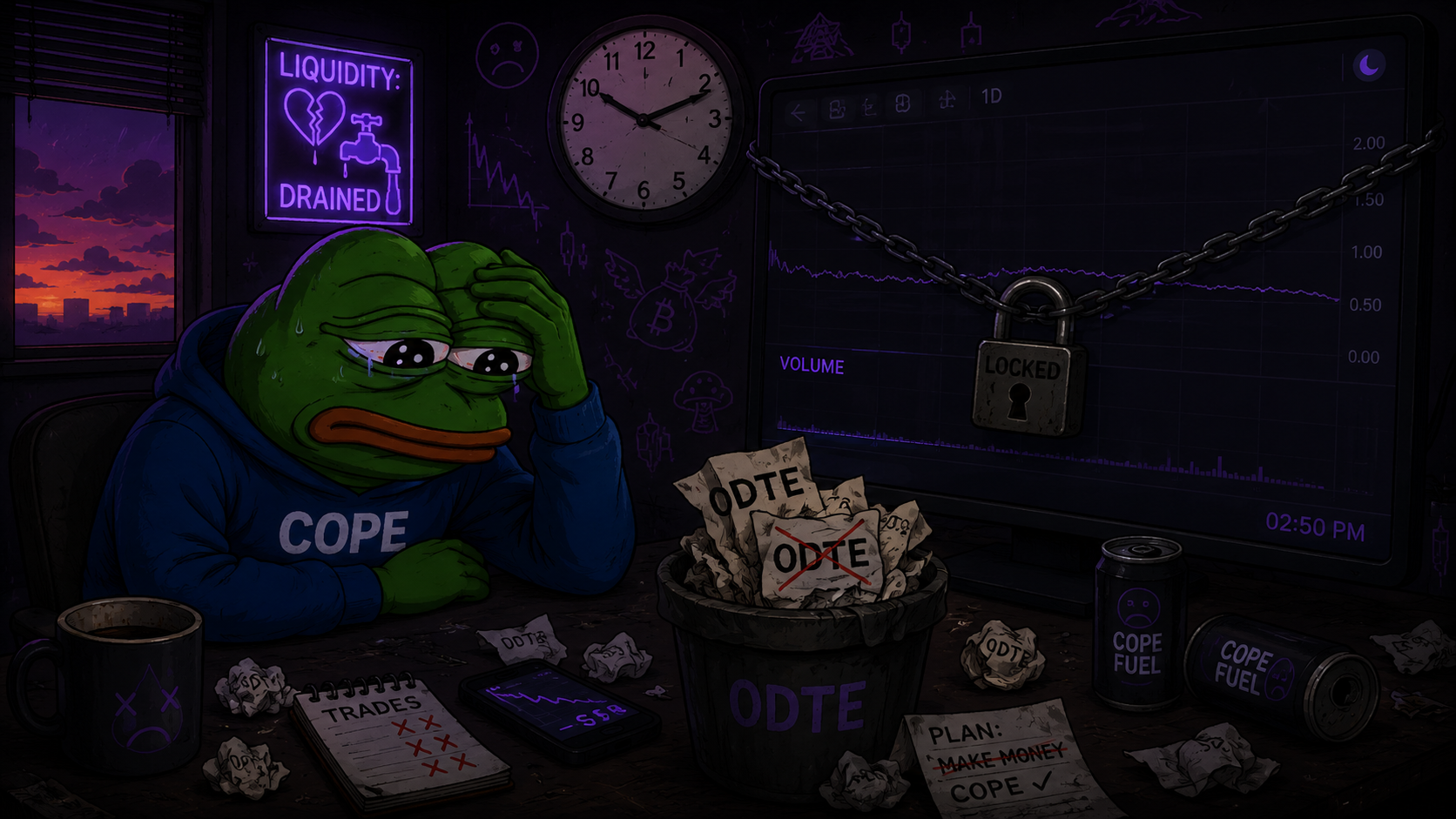 Dark satirical cartoon of a stressed cope frog at a desk after liquidity drains and an ODTE chart locks.