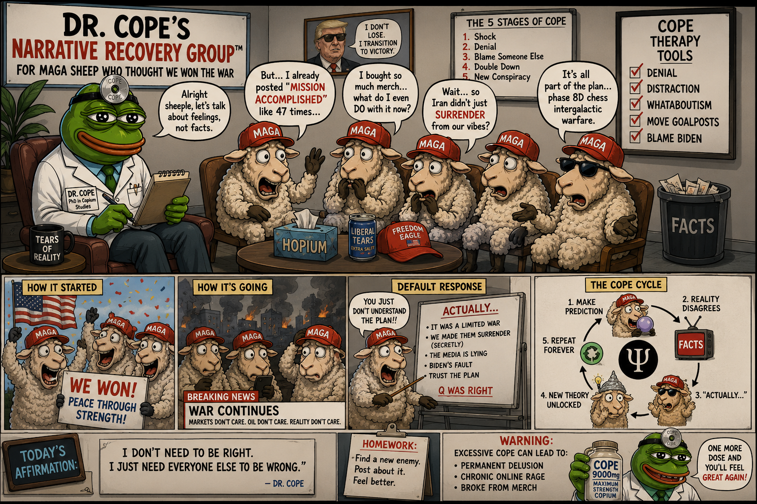 Satirical Dr. Cope narrative recovery group cartoon with sheep in MAGA hats discussing cope cycles and therapy tools.
