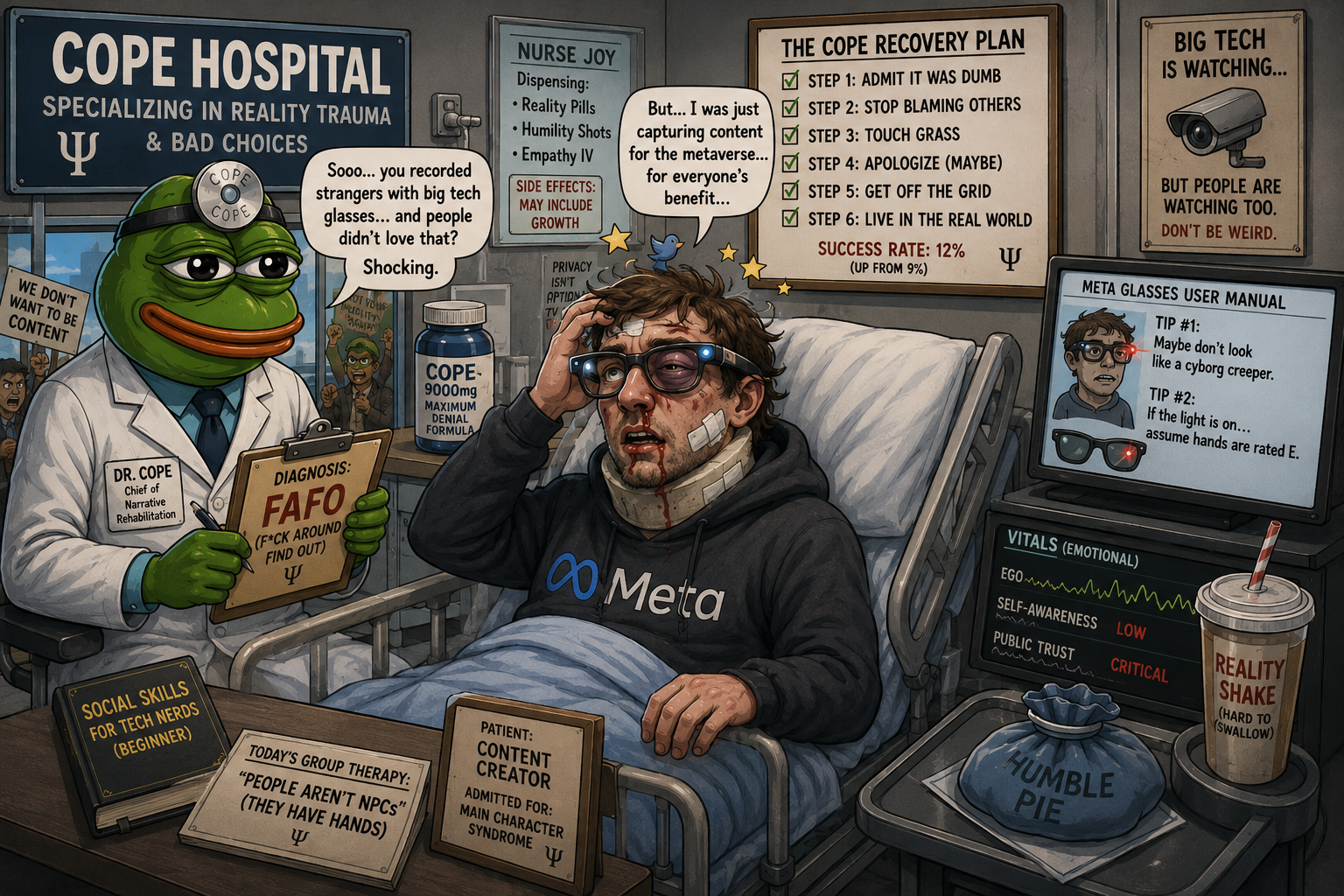 Satirical Cope Hospital cartoon with Dr. Cope treating a Meta glasses content creator for reality trauma and bad choices.