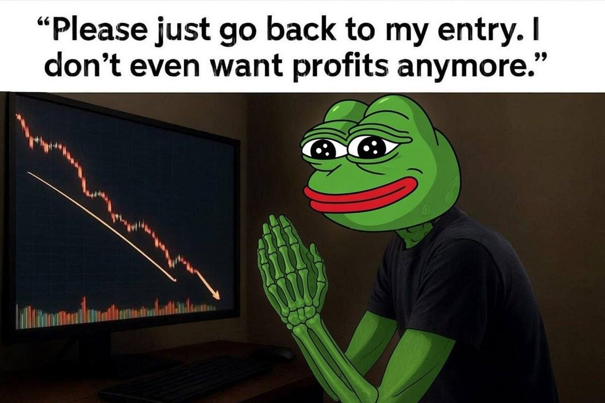 Meme of a frog praying beside a falling chart with the caption asking price to return to entry instead of profits.
